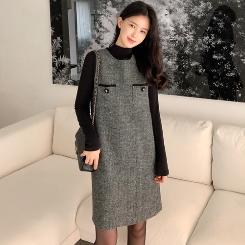 背带裙毛呢无袖圆领宽松