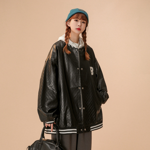 中性款！2026秋季新款PU棒球服男女宽松皮夹克xz1002-1-Y58P105图片
