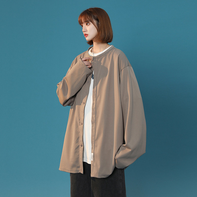 2026秋季新款中性纯色圆领宽松开衫衬衫男女xz1002-1-Y56p60图片