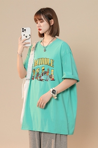 xz1002-Y49P25限39  新款印花中性宽松落肩男女短袖图片