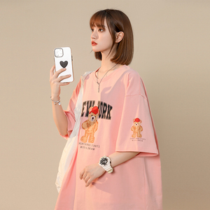 xz1002-1-Y48P25限38     夏款宽松中性原创短袖全棉情侣落肩袖图片