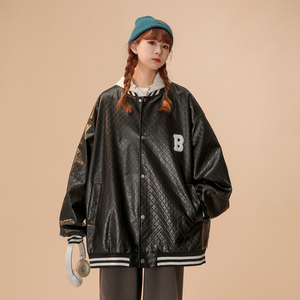 中性款！秋季新款PU棒球服潮流男女宽松皮夹克xz1002-1-Y58P105图片