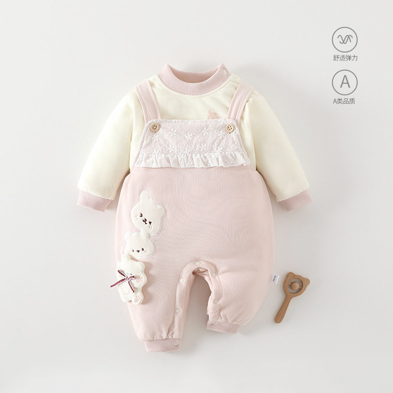 婴儿两件套秋冬款背带保暖外出服夹棉宝宝薄棉衣服秋冬厚甜系小熊