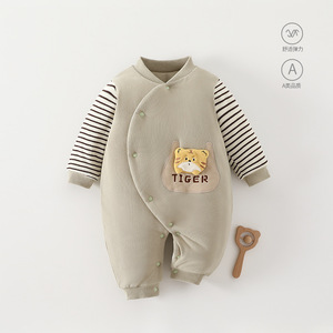 婴儿连体衣秋冬款连体保暖外出服夹棉宝宝薄棉衣服秋冬厚口袋老虎