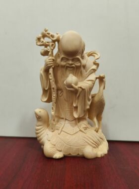 黄杨木雕龟鹤寿星公佛像中式家居装饰工艺品贺寿礼摆件10*6.5*5
