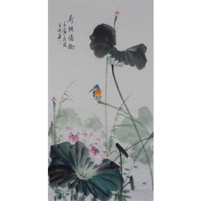 纯手绘国画荷花翠鸟三尺荷塘清趣玄关挂画