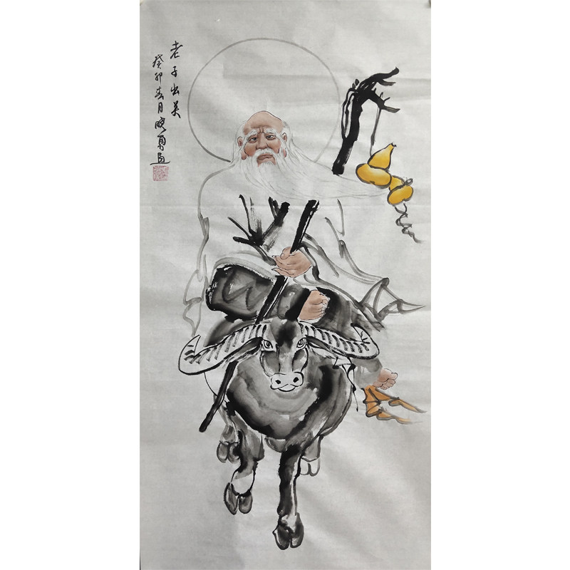 纯手绘国画三尺竖幅人物字画老子出关玄关挂画