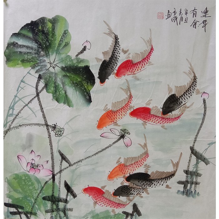 纯手绘四尺斗方九鱼图国画连年有余客厅装饰画餐厅挂画图片