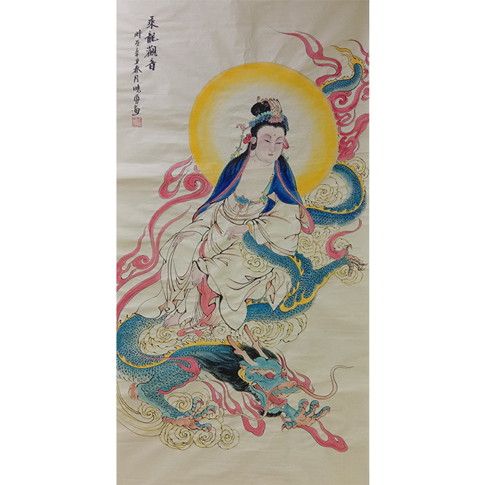 纯手绘四尺人物国画乘龙观音玄关挂画