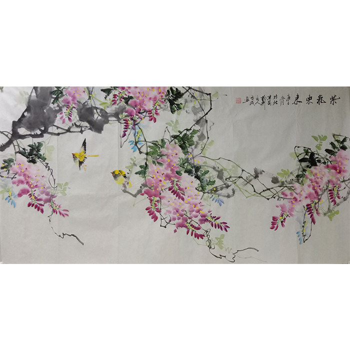 手绘紫藤四尺国画写意花鸟客厅挂画