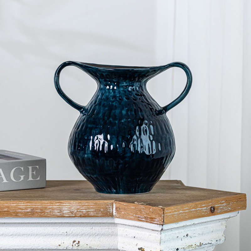 景德镇复古蓝色双耳粗陶花瓶插花侘寂风陶瓷罐大口径新中式摆件,家居饰品,花瓶,淘宝优惠券,粉丝福利购,淘宝优惠卷