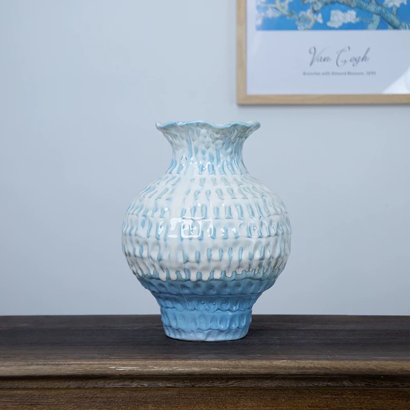 景德镇手工复古陶瓷花瓶高级感蓝色窑变釉粗陶罐小众插花器摆件