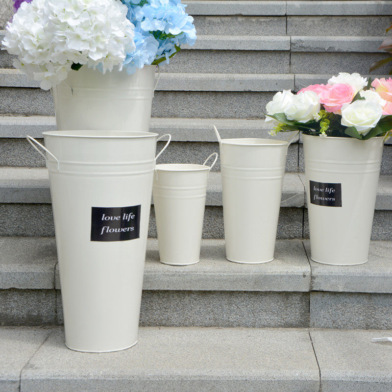 双耳铁皮桶花盆花店花桶放花桶乳白烤漆铁桶大中小号养鲜花桶