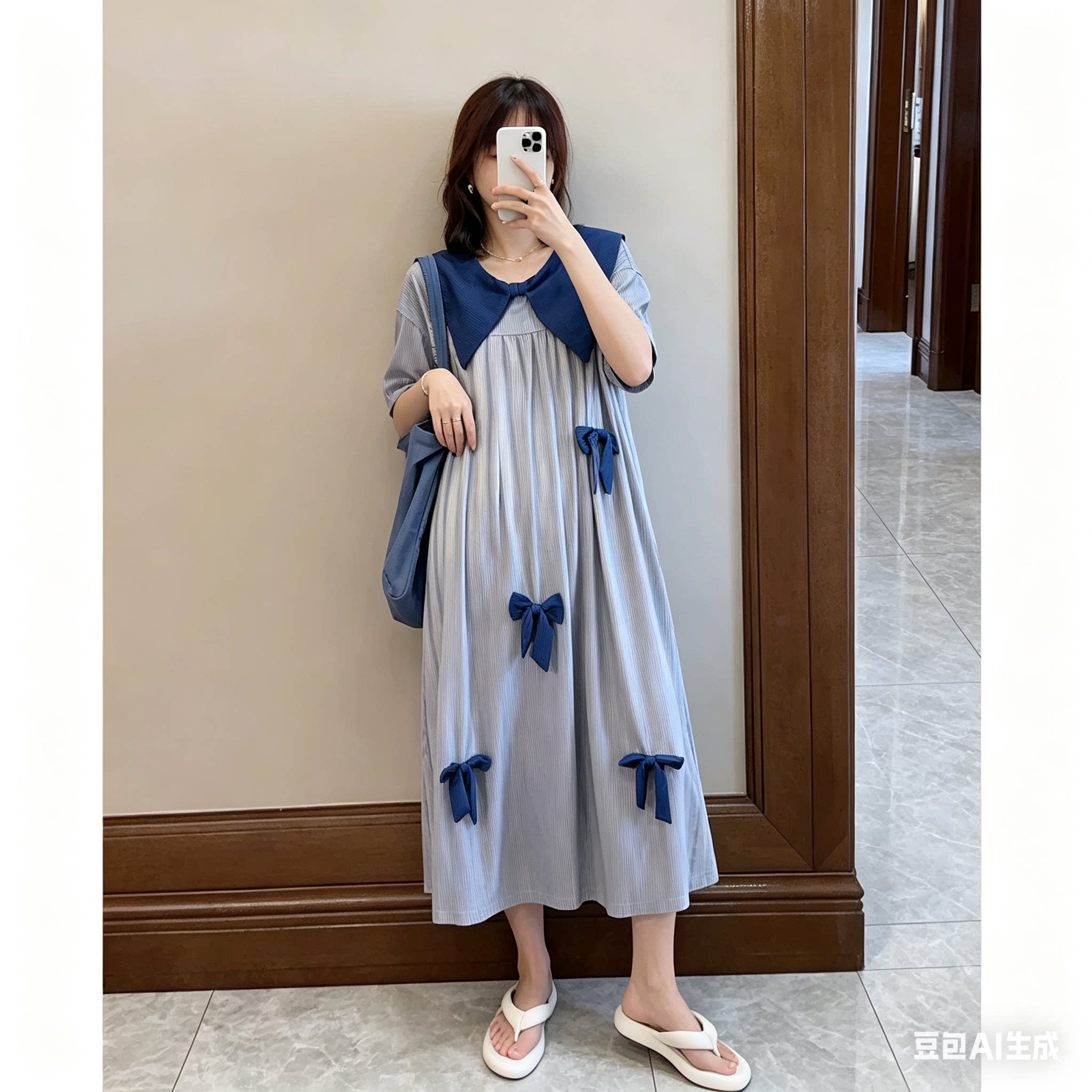 夏季薄款娃娃领蝴蝶结孕妇连衣裙