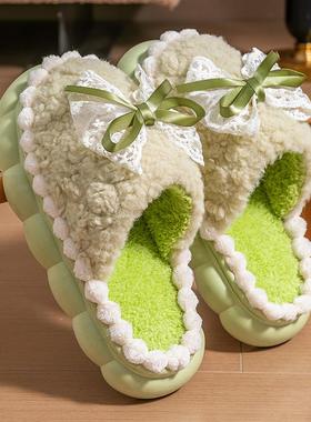 蝴蝶结毛毛绒棉拖鞋女士秋冬季2025新款室内家居用厚底踩屎感棉拖