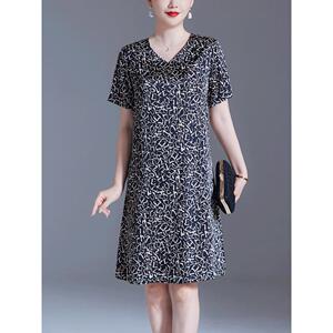 杭州真丝连衣裙妈妈装夏季新款时尚印花V领桑蚕丝裙子中长款遮肚