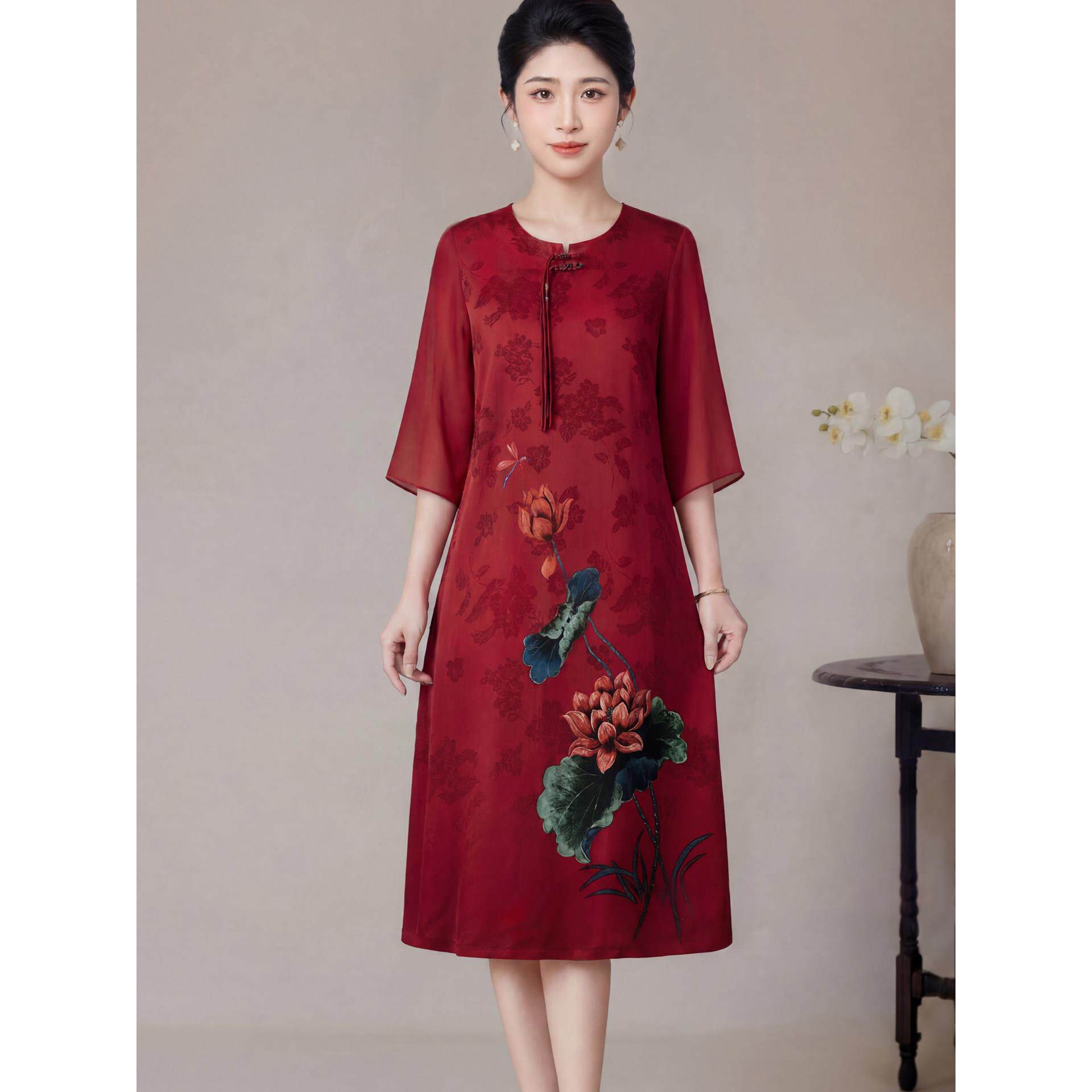 妈妈夏装杭州真丝连衣裙喜婆婆婚宴礼服中老年女装大码桑蚕丝裙子