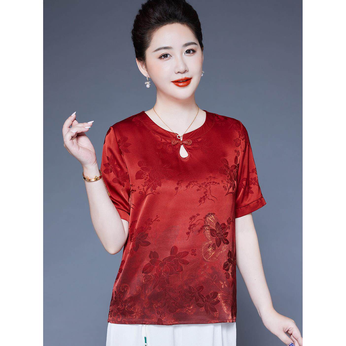 新中式喜妈妈夏套装高端短袖国风上衣中年女2026新款改良旗袍小衫