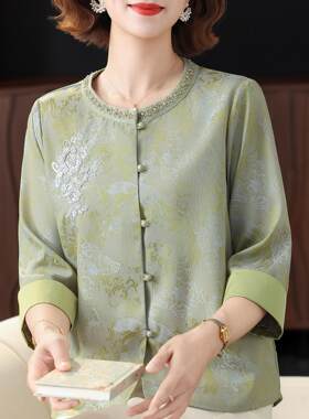 妈妈装七分袖桑蚕丝衬衫女2026新款中老年女夏季洋气真丝衬衣套装