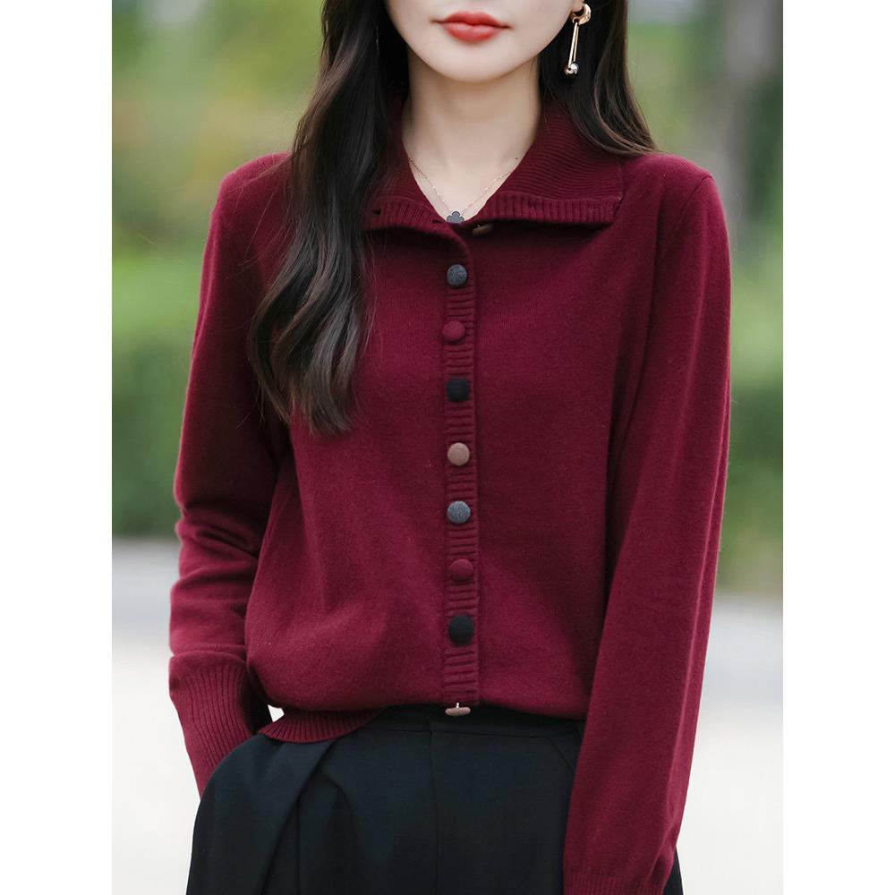 时尚减龄新款针织开衫女翻领毛衣外套冬季加厚高领打底衫修身显瘦