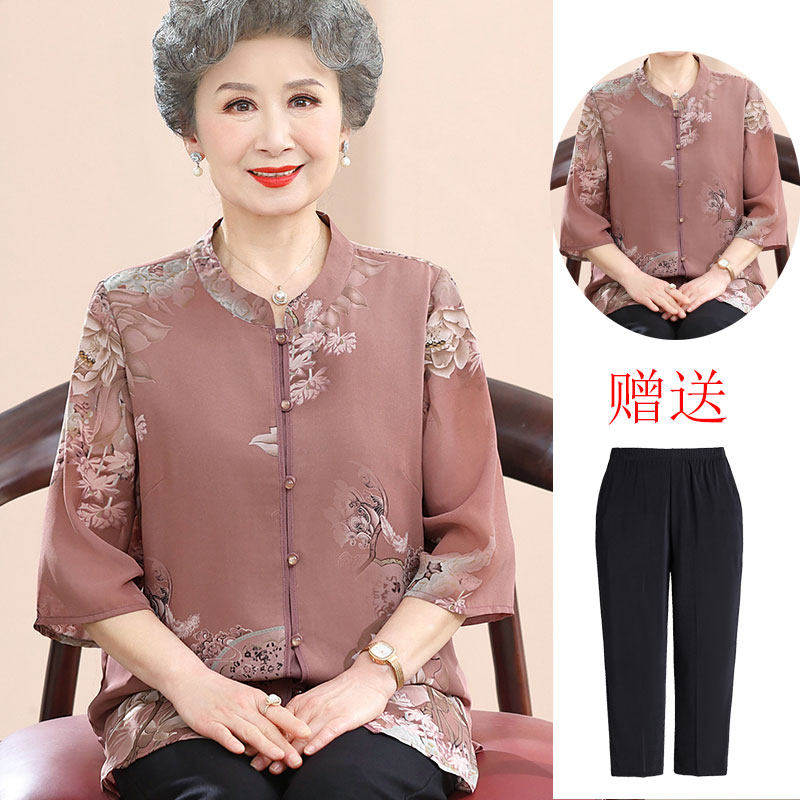 中老年人夏装女真丝绸缎衬衫奶奶套装老太太衣服妈妈桑蚕丝薄衬衣