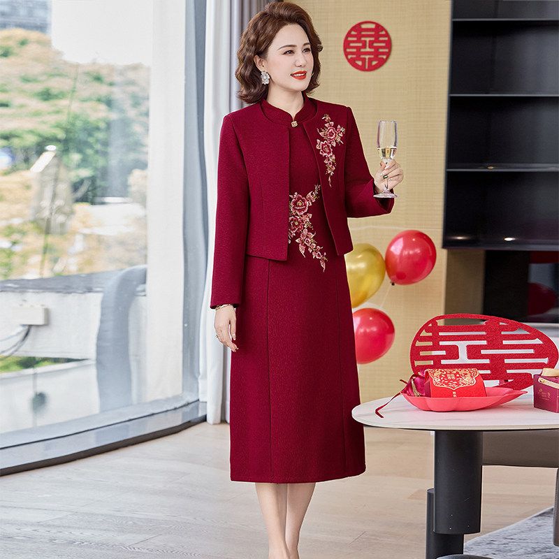 妈妈春秋装婚宴礼服高贵红色两件套中老年女喜婆婆平时可穿连衣裙