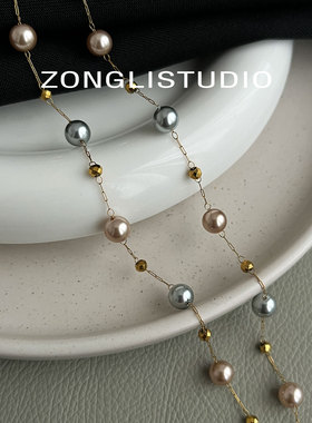 纵里多色珍珠长款锁骨链手链