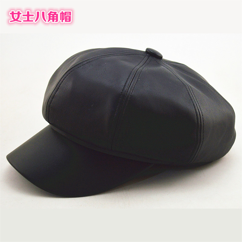 女士八角帽秋季皮质时尚韩版 户外潮平顶八角帽子逛街保暖外出