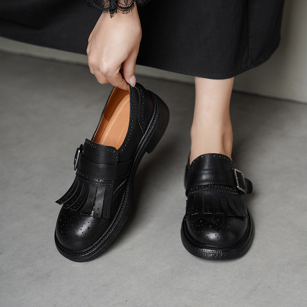复古英伦风流苏乐福鞋女真皮厚底圆头皮带扣一脚蹬百搭休闲单鞋女,女鞋,乐福鞋（豆豆鞋）,淘宝优惠券,粉丝福利购,淘宝优惠卷