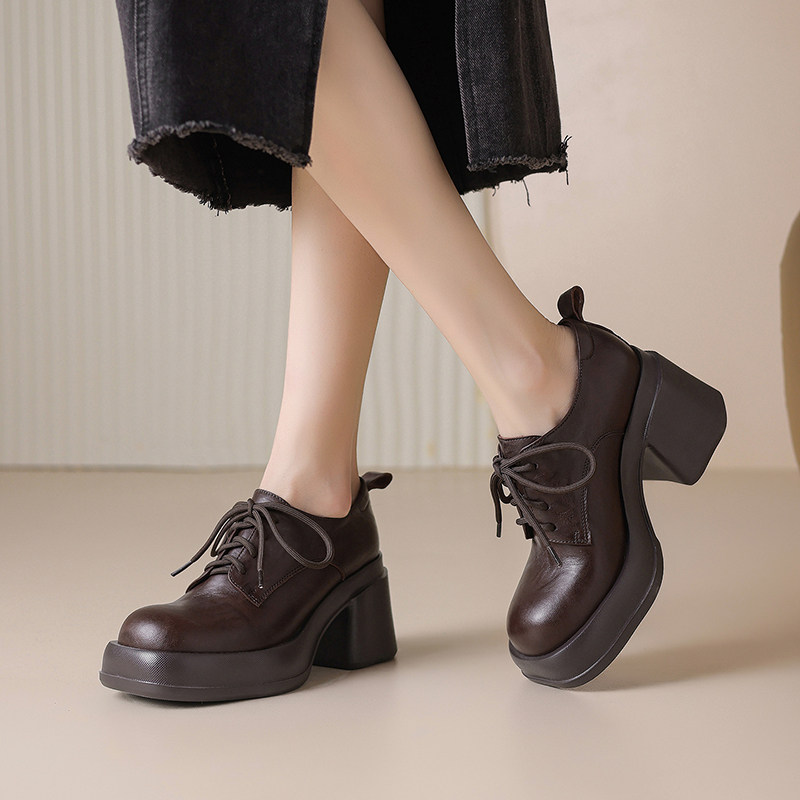 英伦风厚底乐福鞋女2026新款女款真皮单鞋圆头粗高跟交叉绑带皮鞋,女鞋,乐福鞋（豆豆鞋）,淘宝优惠券,粉丝福利购,淘宝优惠卷