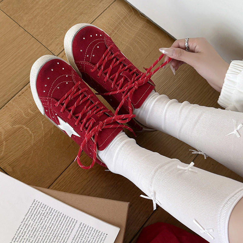 复古星星德训鞋女红色交叉绑带内增高圆头休闲运动鞋百搭板鞋女鞋,女鞋,德训鞋,淘宝优惠券,粉丝福利购,淘宝优惠卷