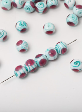 手工制灯工玻璃珠蓝白玫红撞色圆形珠diy手作串珠材料配件