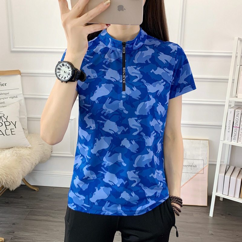 2026新款夏季户外运动短袖女T恤洋气花色女立领短袖休闲跑步polo