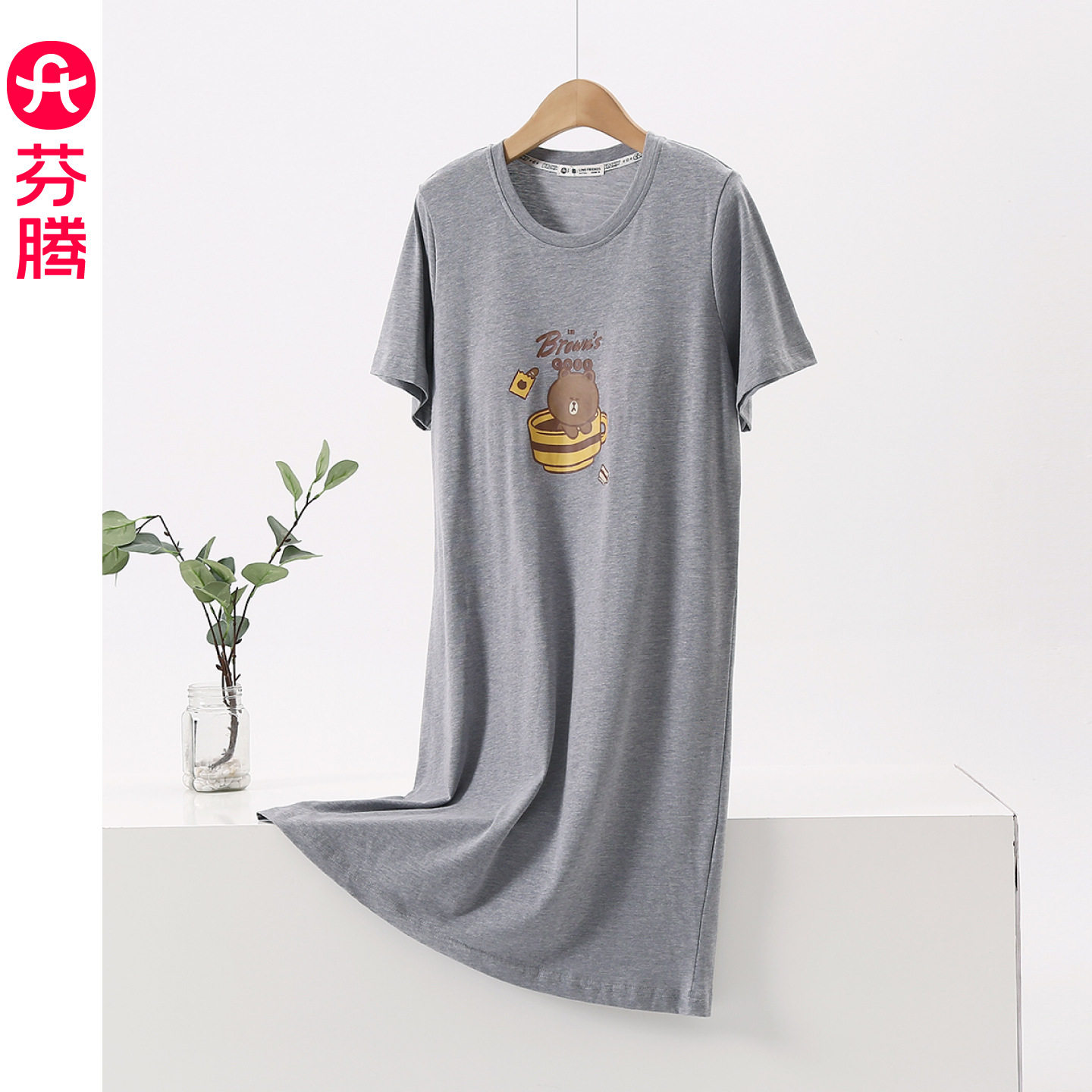 【带胸垫】芬腾夏季新款棉质布朗熊卡通睡裙女短袖连衣裙一件代发