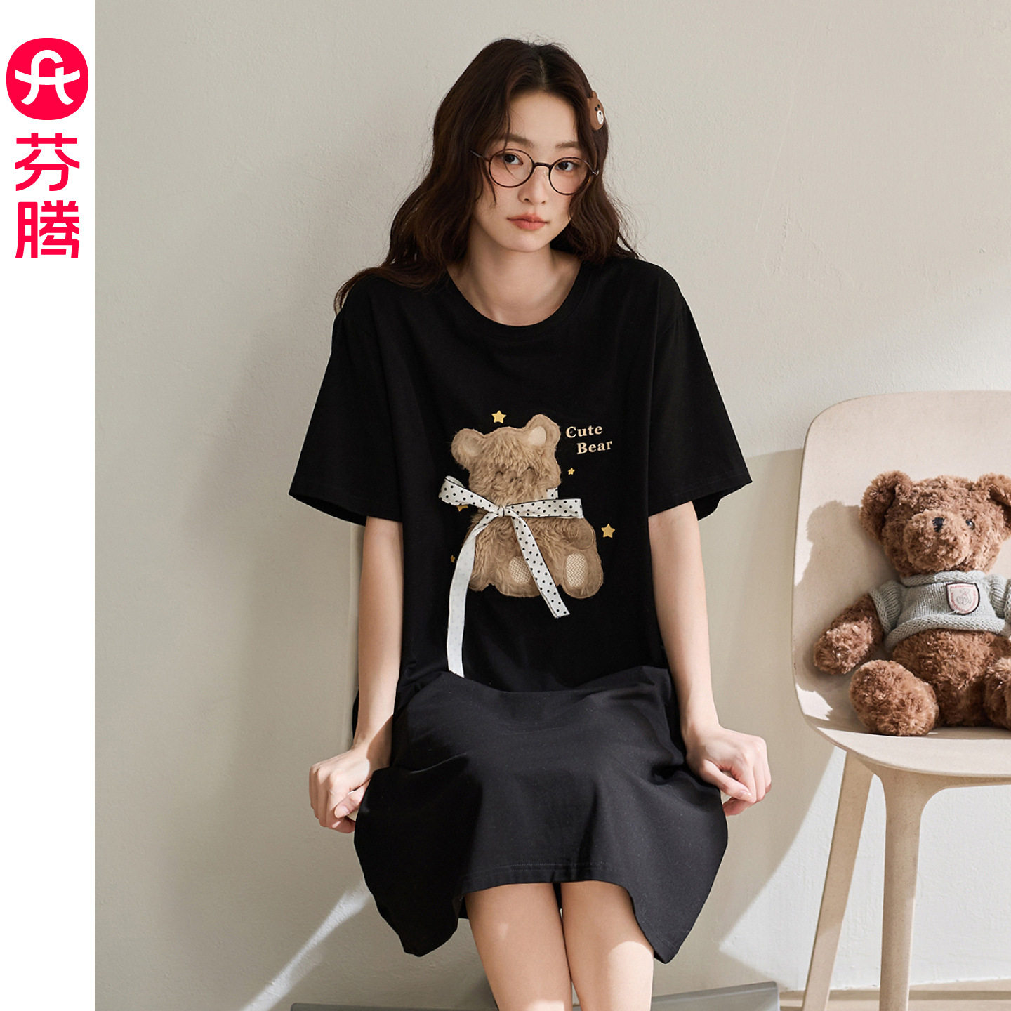【凉感棉】睡裙女夏季纯棉短袖可爱小熊休闲宽松大码家居服中裙