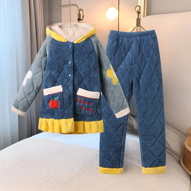 法兰绒睡衣女秋冬季新款三层夹棉加厚保暖可爱家居服可外穿