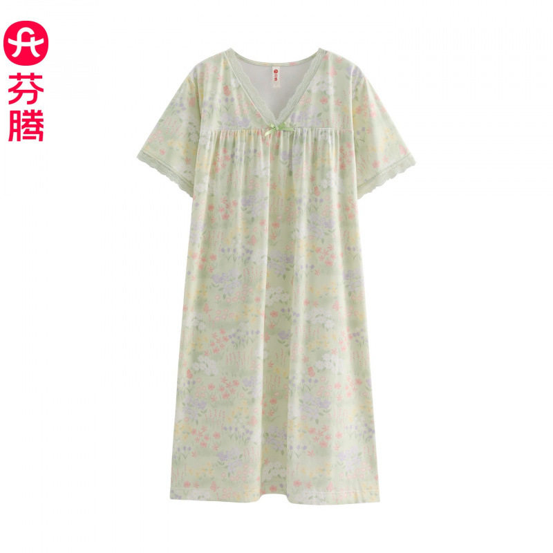 芬腾女士睡裙新款夏季薄款纯棉短袖中长款连衣裙休闲宽松大码裙子