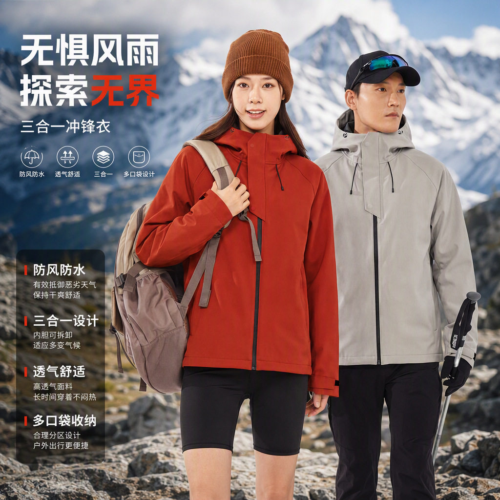 出游冲锋衣女户外三合一秋冬加绒保暖软壳外套防风防水登山服男