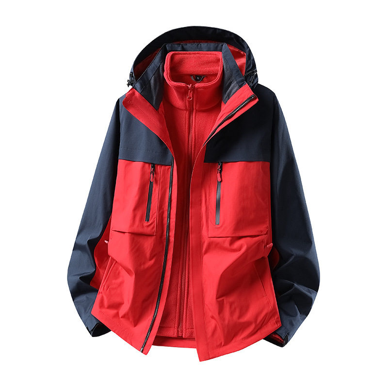 新款拼色户外情侣三合一冲锋衣三防登山服连帽男女同款风衣外套