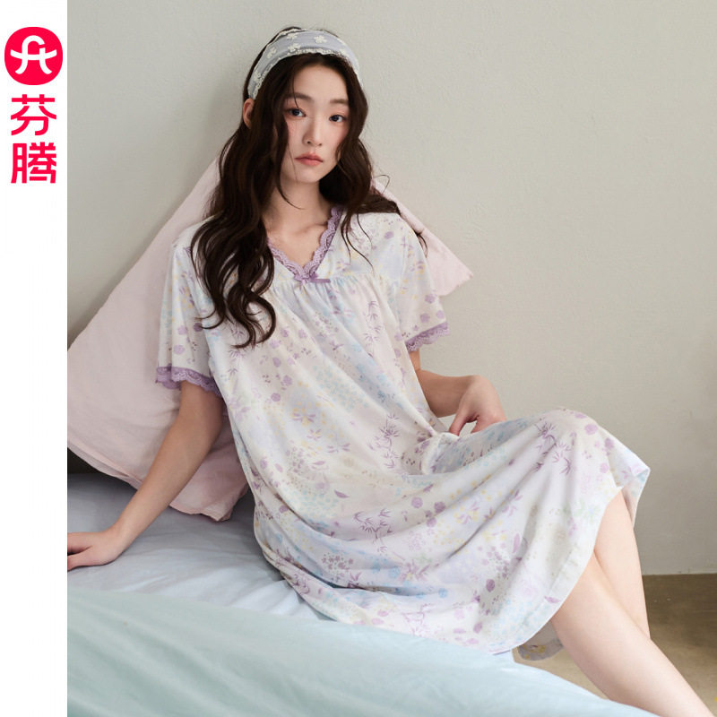 芬腾睡裙女士新款夏季纯棉短袖睡衣裙中裙全棉甜美蕾丝花边连衣裙