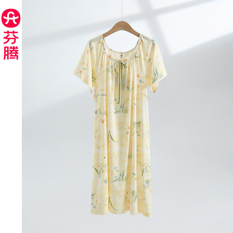芬腾睡裙女士新款夏季纯棉短袖睡衣裙宽松大码全棉女可外穿连衣裙