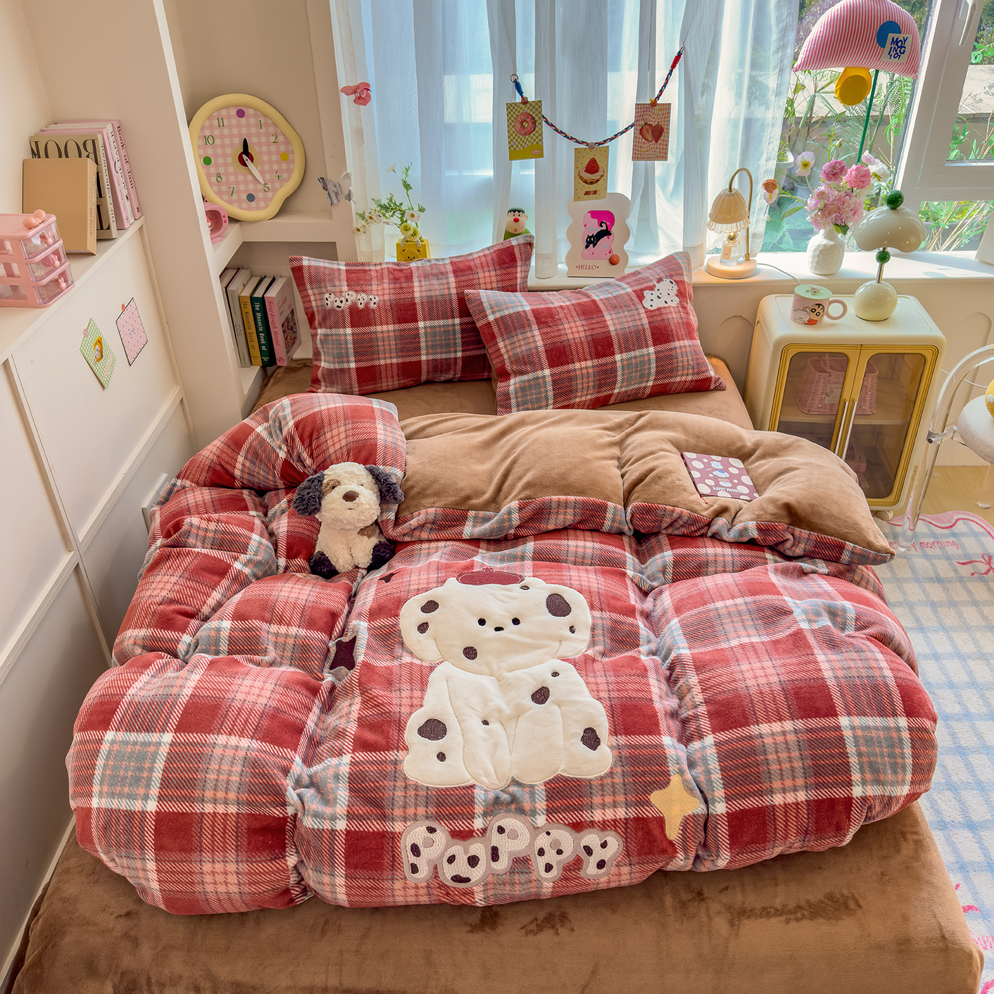 卡通小熊红格纹四件套
