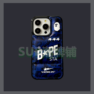 深蓝bape猿人羽绒服苹果16ProMax手机壳16情侣新款适用iPhone14ProMax冬季简约男女13Pro保护套肤感12/11/xr