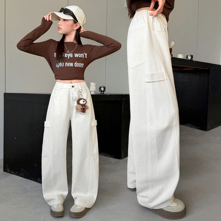 女童工装裤阔腿韩版百搭白色弯刀裤中大童宽松腰长裤儿童休闲裤子