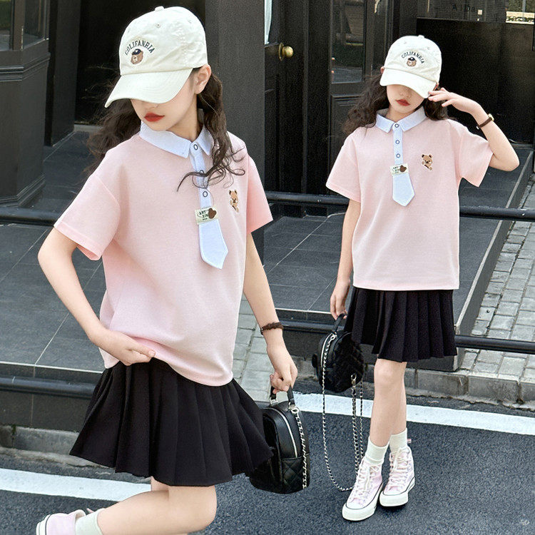 女童套装学院风POLO衫领短袖两件套中大童夏季洋气百褶裙套装甜美