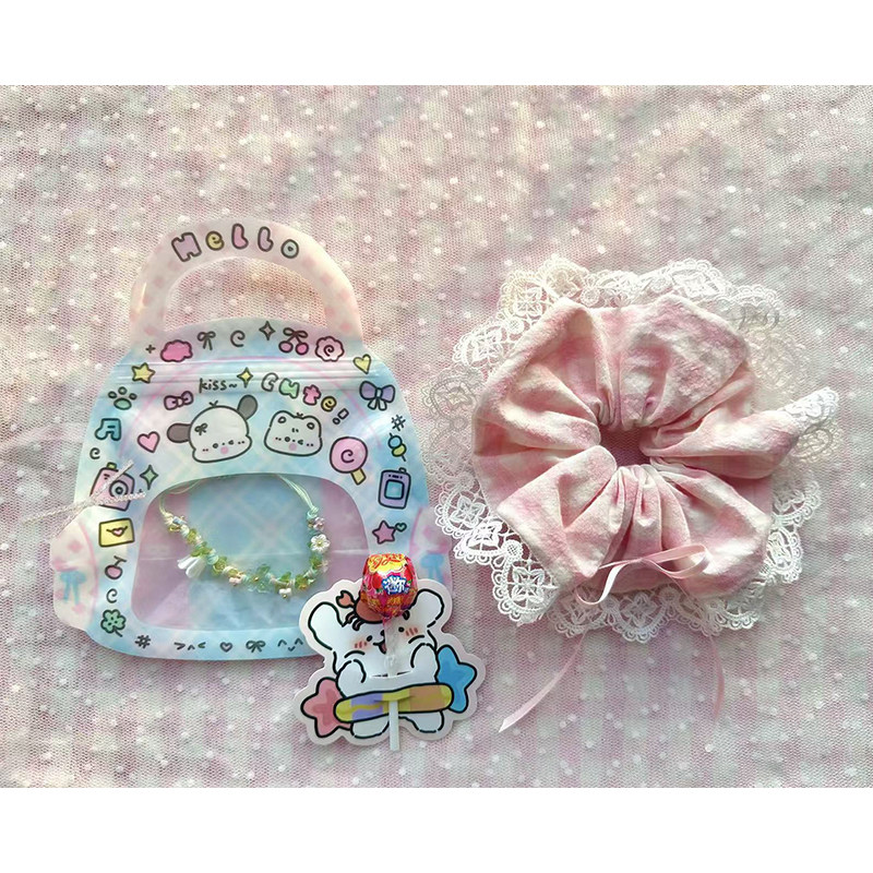 【定金礼物仅展示】森林小雏菊水晶花手串粉色格子蕾丝大肠发圈