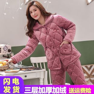 中老年妈妈睡衣女冬季加厚加绒夹棉珊瑚绒奶奶家居服保暖棉袄套装