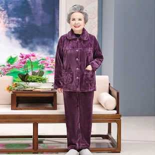 中老年人加绒秋冬奶奶法兰绒妈妈家居服保暖老太太睡衣套装