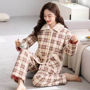 纯棉睡衣女士冬季新款妈妈奶奶中老年睡衣三层夹棉加厚保暖家居服