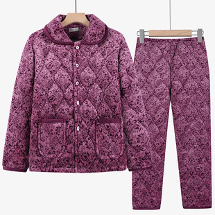 奶奶装冬季法兰绒夹棉睡衣中老年人女妈妈三层加绒加厚保暖家居服